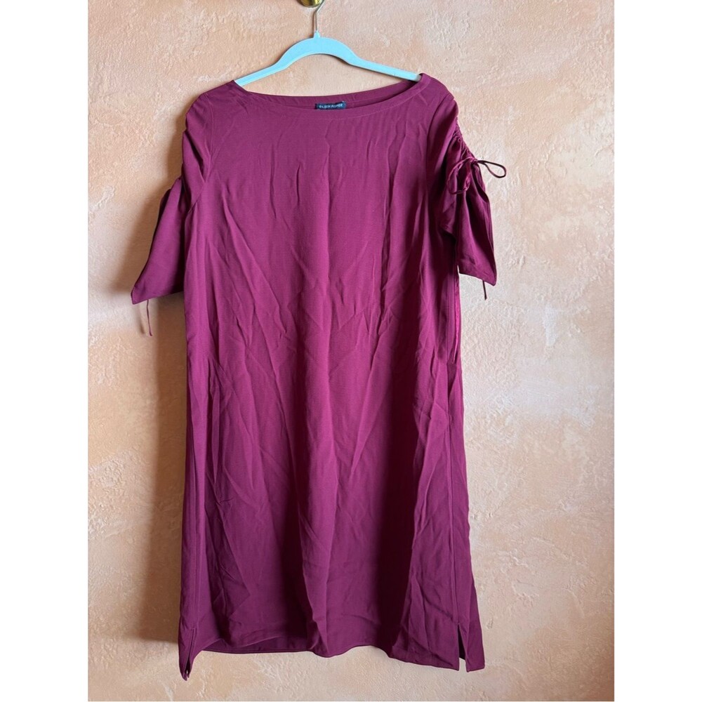 Eileen Fisher 100% Silk Burgundy Dress Size Small Drawstring Sleeve Shift